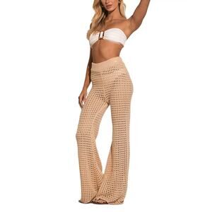 Elan Crochet Pants Womens Medium Beige Knit Wide Leg Cover Up Pull On High Waist